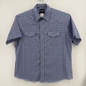 Wrangler Western Shirt Mens XL Blue Plaid Cotton Blend Pearl Snap Short Sleeve